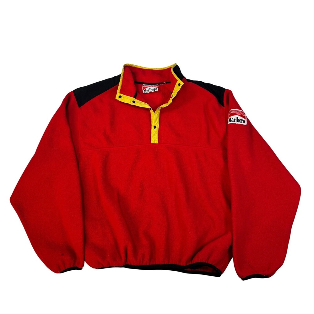 Vintage Marlboro Adventure Team Fleece Pullover Red Black Yellow Snap T 90s L